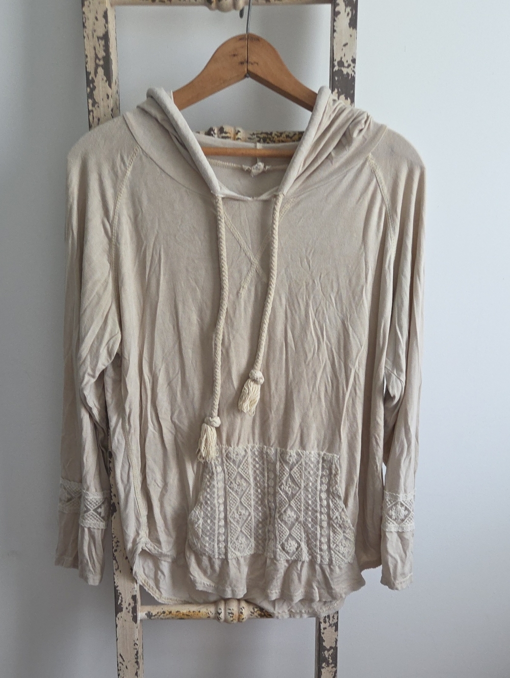 POL Cream Hooded Women's Pullover with Crochet Pocket